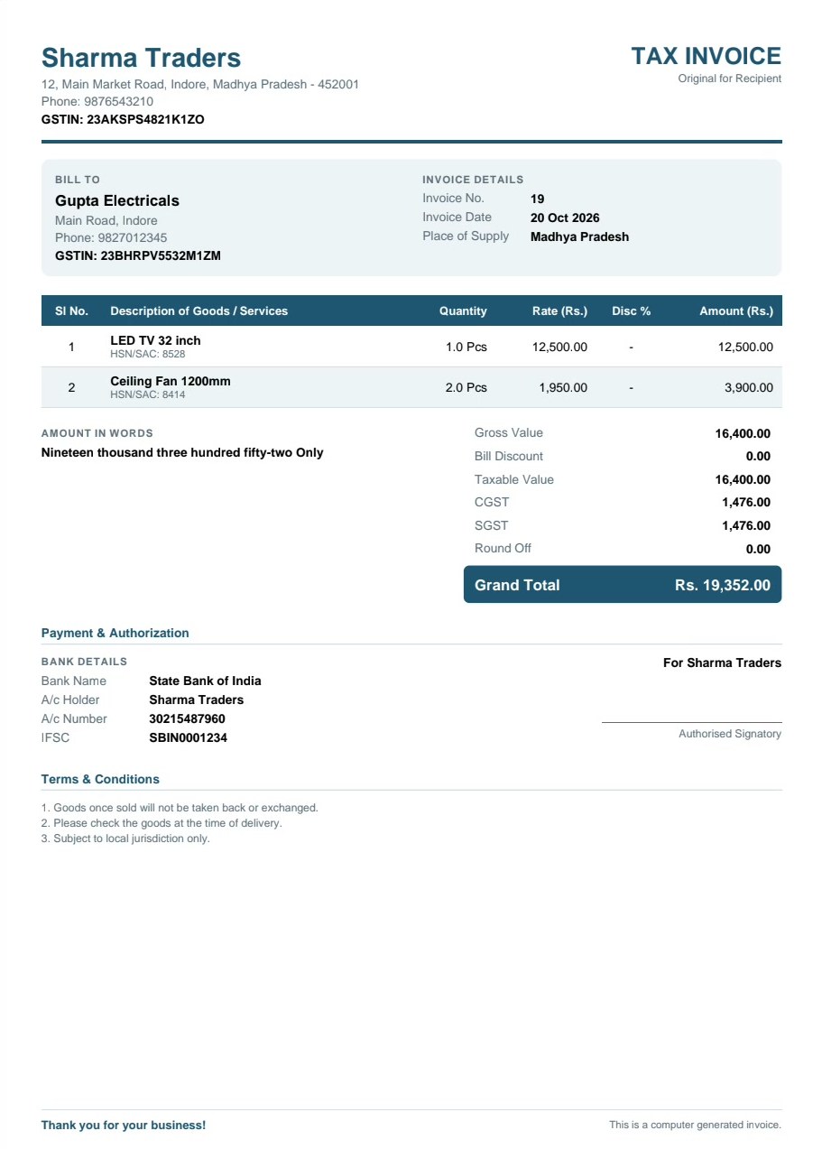 Sample GST tax invoice made with EAMBAS